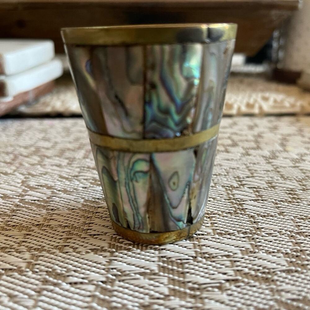 Abalone and brass toothpick holder or shot glass vintage